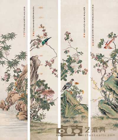 马家桐 四季花鸟 四屏 201×40.5cm×4